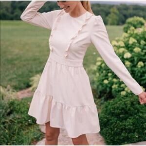 Gal Meets Glam Fit & Flare Dress Size 2 Cream Crepe Stretch Puff Long Sleeves